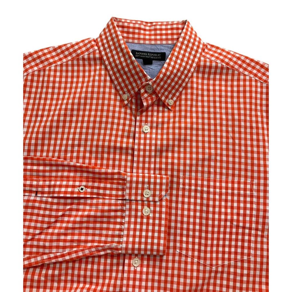 Banana Republic Men Size Large‎ Button Down Shirt Slim Fit Orange White (33-452)